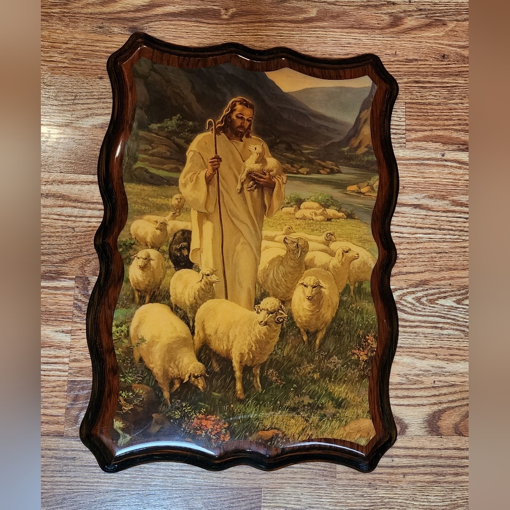 SEE CALLOUTS Vintage Wooden Lacquered Religious Plaque Jesus with Lambs